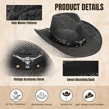 SIMPLICITY NEW WESTERN STYLE CLASSIC COWBOY STRAW HAT - SIZE: MEN ONE - BLACK