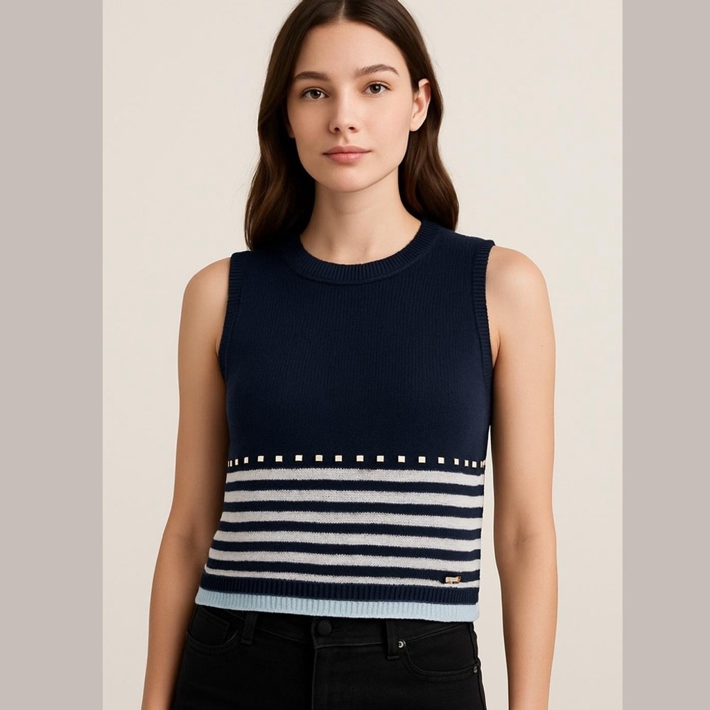 St. John Sport By Marie Gray Black Ivory Santana Wool blend Knit Studded Top P