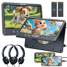 2x 10.5'' Dual Screen Car Headrest DVD Player USB Rear-Seat TV Monitor+Headsets