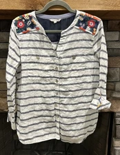 Women’s JOHN MARK Striped/Floral Embroidered Linen Tunic Shirt S *A7