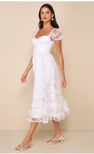 Womens M Lulus Dress Romantic Floral White Lace, Fairy Puff Sleeves With Tags
