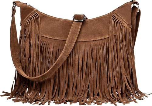 Brown Vintage Suede Fringe Hobo Crossbody Bag for Women Western Style Women's