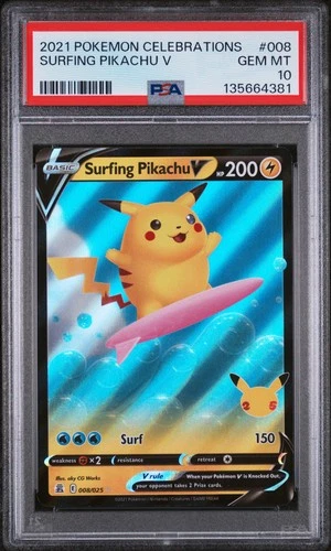 2021 POKEMON CELEBRATIONS #008 SURFING PIKACHU V PSA 10
