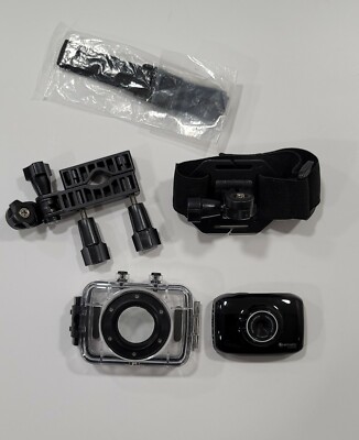 Ematic Actioncam Camera HD IPX8 Waterproof Case/Helmet Mount Bundle EVH625BL EUC