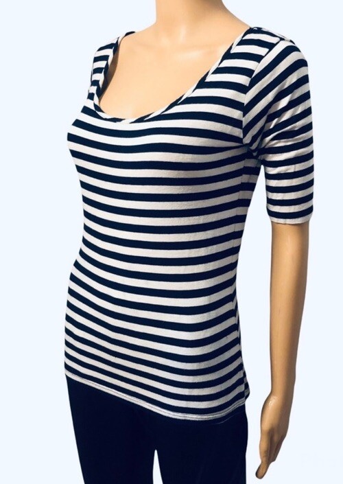 Vintage Sweet Dreemz Blue White 3/4 Sleeves Striped Shirt Blouse Top Sz Large