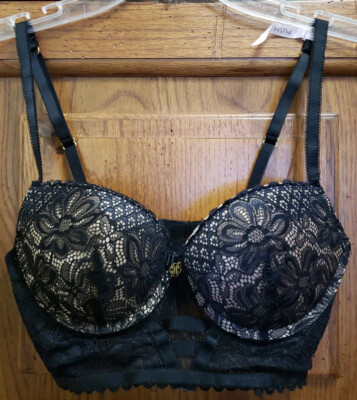 Daisy Fuentes Women Bra 34B Black Beige Floral Lace Longline Logo Underwire NWOT