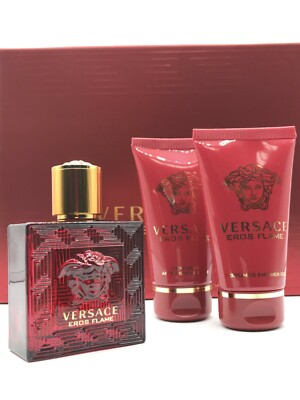 Versace Eros Flame Men 3pc Set Men Parfum Spray 1.7 oz Shower Gel After Shave