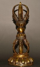 Antico buddismo tibetano 7" bronzo puro dorato Vajra Dorje Phurpa esorcismo talismano faqi