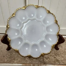 VTG Anchor Hocking White Milk Glass Deviled Egg or Oyster Platter Gold Trim