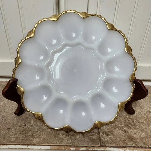 VTG Anchor Hocking White Milk Glass Deviled Egg or Oyster Platter Gold Trim