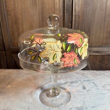 Vintage Hand Painted Glass Cake Stand Dome Autumn Maple Leaf Covered Pedestal
