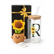 Personalized 16oz Glass Tumbler w Bamboo Lid  Straw Sunflower Initial R