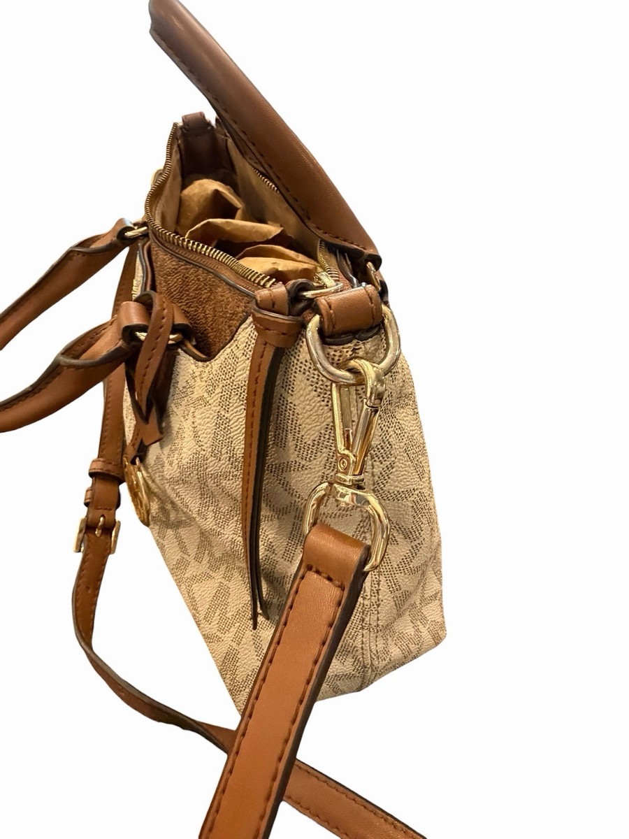 Michael Kors Austen Small Signature Logo Satchel Vanilla Brown Leather Trim View 5