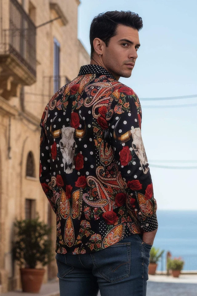 Barabas Men's Rhinestones Floral Bull Skull Long Sleeve Shirts 5SPR13 - Image 4 of 4