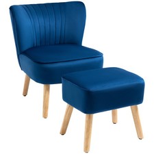 HOMCOM Velvet-Feel Accent Chair w/ Ottoman Dark Blue, Refurbished
