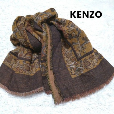 KENZO Extra Large Wool Brown Floral Stole Shawl Fringe 125×125cm