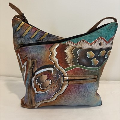 Anuschka Hand Painted Leather Southwestern Tribal Hobo Shoulder Bag Boho