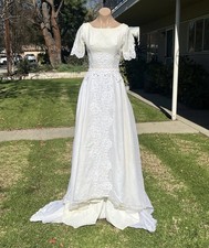 Vtg Mid-century 1960s Wedding Gown Dress Train Off-white Silk Lace Peplum