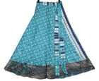 Sushila Vintage Tal Blue Art Silk Saree Magic Wrap Reversible Skirt Beach Dress