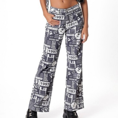 THE KRIPT Newsprint Wide Leg Jeans Fira Black White Y2K Mid Rise NWT M 30 Grunge