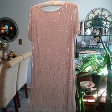 Pisarro Nights Dress 14W Pink Gray Beaded Sequin Mesh below knee, short sleeve