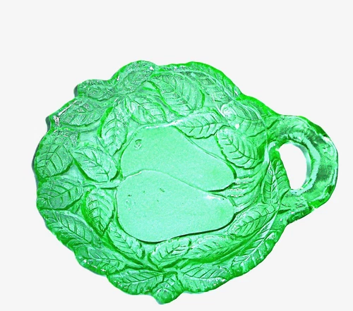 Indiana Glass One Handle Pear Candy Dish Bowl Green Depression Uranium Vintage