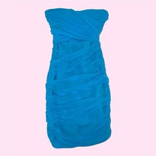 Y 2k  Jane Norman Blue Strapless Ruched Mesh Bodycon Dress Size S Party Evening