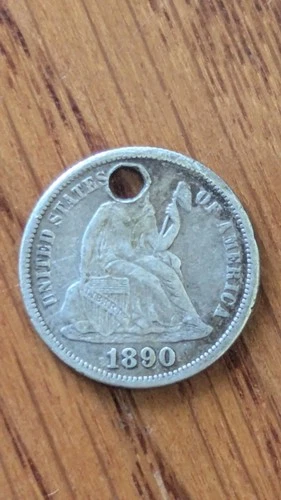 1890 Seated Liberty Silver Dime Original Hole