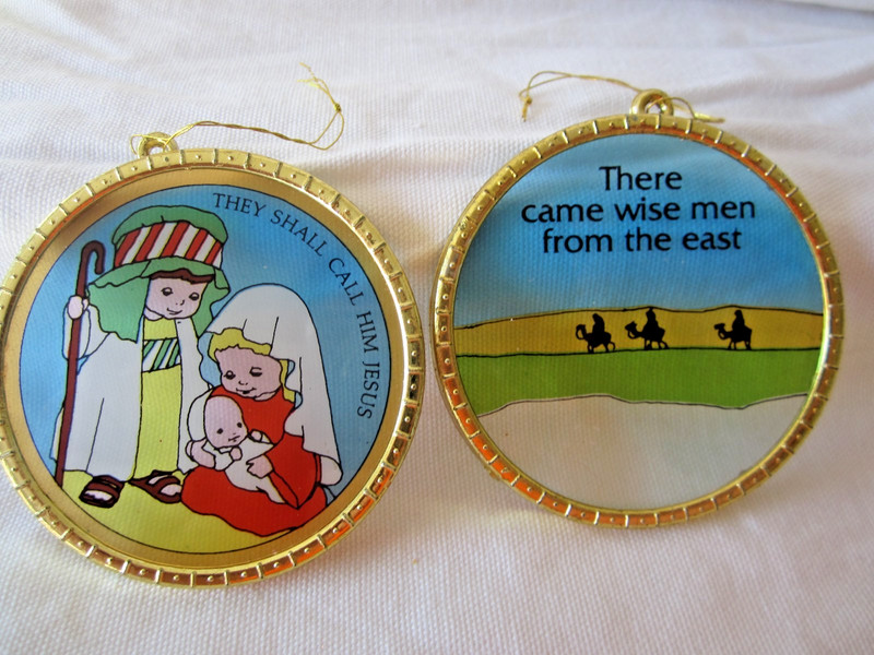 2 Vintage Christmas Nativity Suncatcher Ornaments Flat Plastic Stain Glass Look