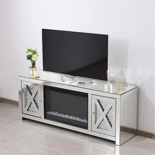 Elegant Decor Modern 2 Door 59" Clear Mirrored Crystal Fireplace TV Stand - Picture 9 of 10