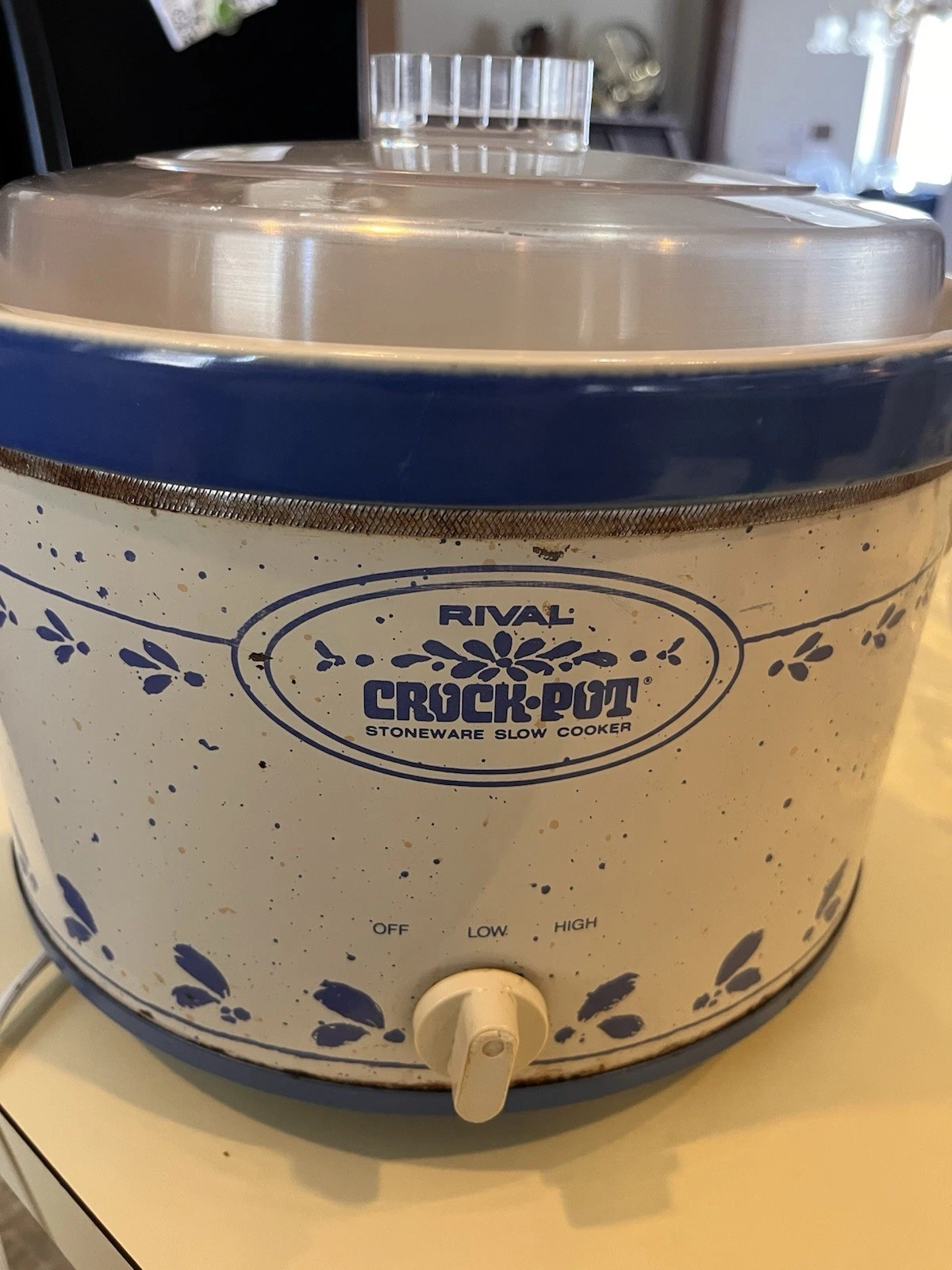 Vintage Rival Crock Pot Slow Cooker 5 Qt Blue Flowers Stoneware w/ Lid 3355