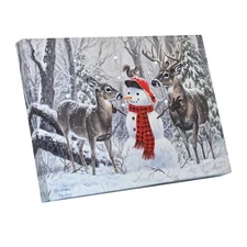 Light Up Snowman Reindeer Painting w/Timing LED & Fiber Optic Twinkling Light...