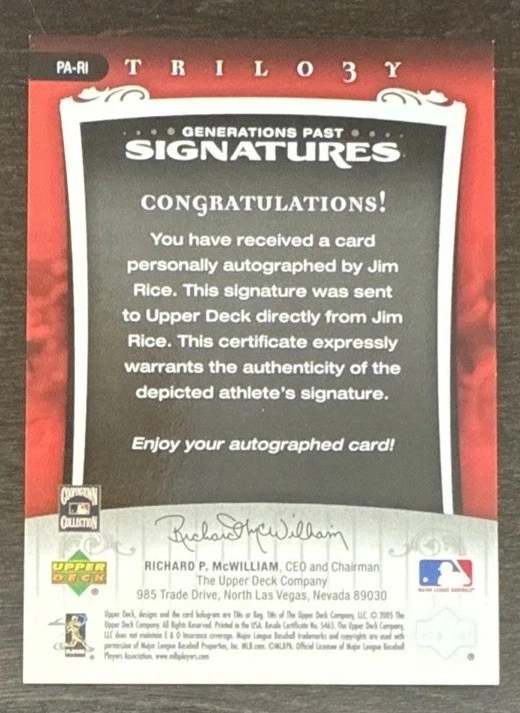 Jim RICE🔥2005 Upper Deck Trilogy Bronze Generations Past Signatures AUTO 6/35💥 - Image 2 of 2