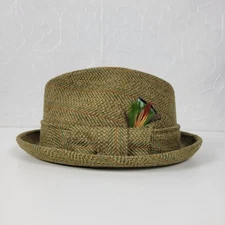 Vintage Richman Bros Fedora Trilby Hat Mens 7-7 1/8 Green Plaid Feathers Box