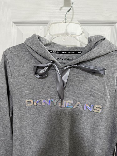 DKNY Jeans Women's Logo Fleece Dress NWT Hooded Grey Size M Long Sleeve - Picture 2 of 5