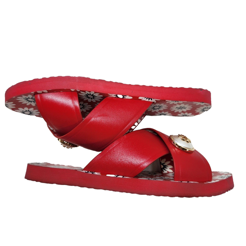 TORY BURCH Red Slide Sandals Faux Pearl Sz 4 Rubber Synthetic - Picture 10 of 11