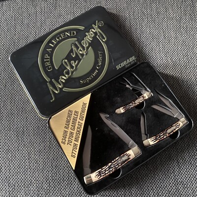Rare Uncle Henry Pocket Knife Vntg Collectors Set of 3 Knives & Tin Schrade NEW!