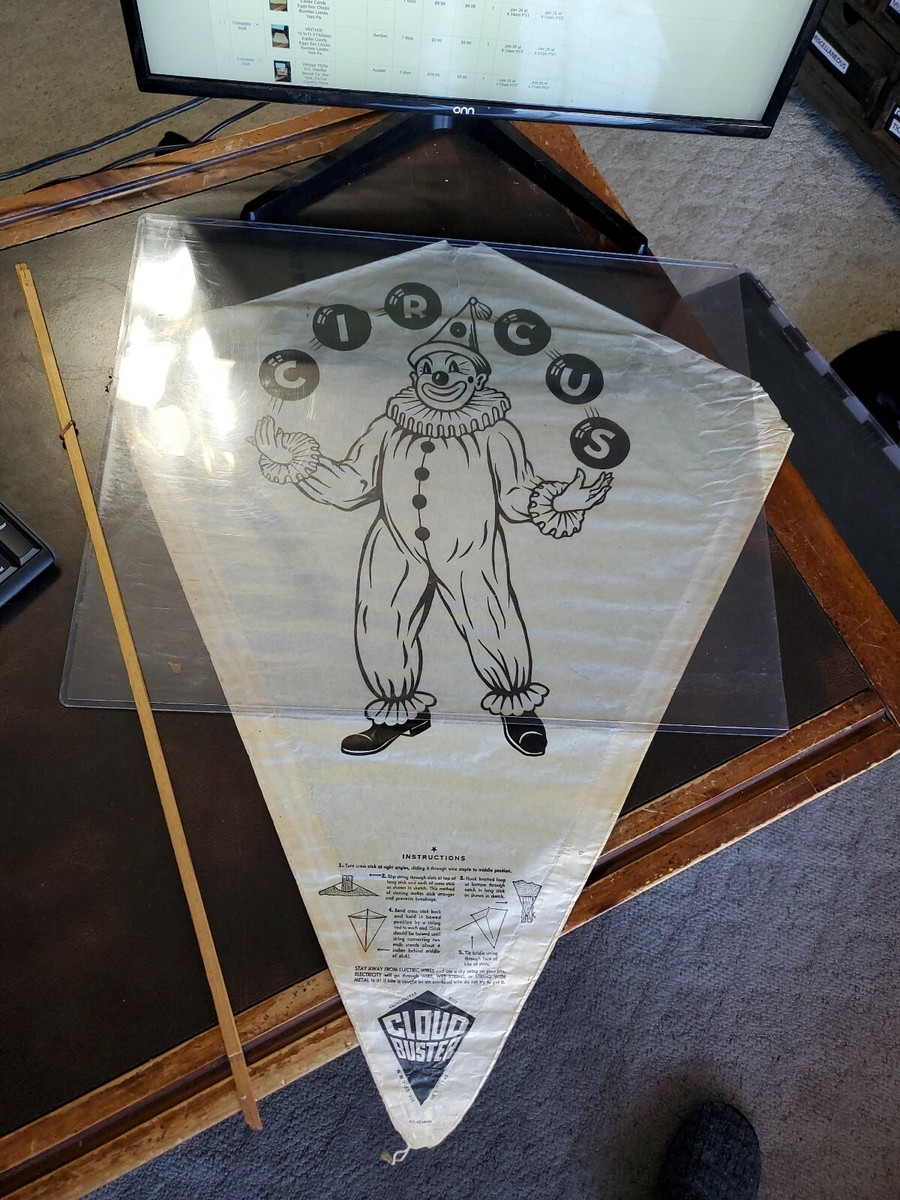 Vntg 1940s Top Flite Circus Paper Kite Clown Graphic 1950's Vntg 1940s Top Flite Circus Paper Kite Clown Graphic 1950's