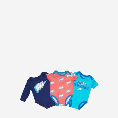 NEW Nike baby 3 Piece bodysuits, Nike Lightening Bolt Size 3 months, blue orange