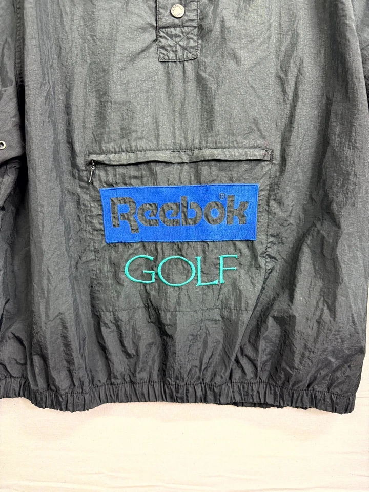 复古 Reebok 高尔夫风衣夹克男式中号黑色拼字口袋套衫 — 第 3/4 张图片
