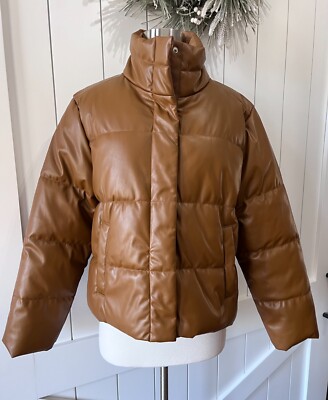 Gap Women’s Faux Leather Puffer Jacket Caramel Brown NWT Size M