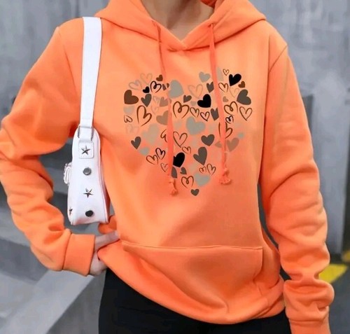Women Graphic Big+Sm Hearts Print Pullover Loose Orange Sweatshirt Hoodie Sm 4 - Picture 6 of 9