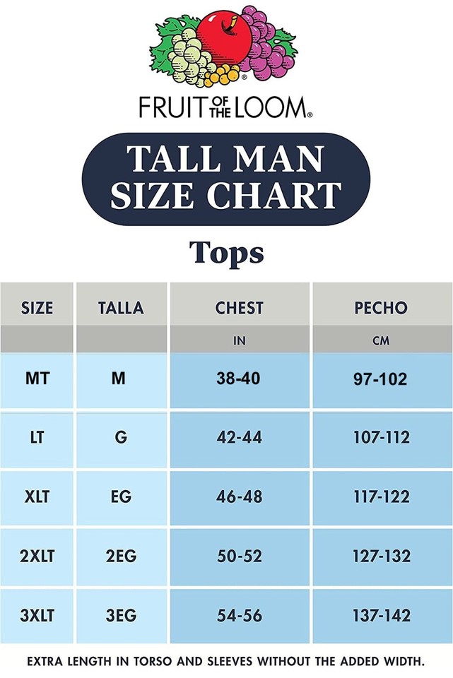 Fruit Of The Loom Tall Man Crew Neck TShirts Sizes MT XLT Up To 4 Color Options eBay