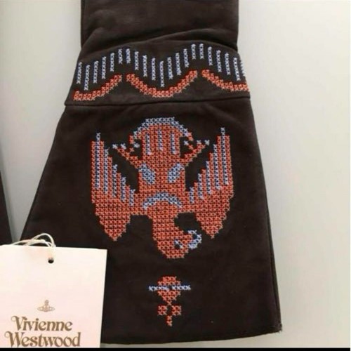 Vivienne Westwood Sheepskin Brown Lather Long Gloves Cross Stitch Embroidery New - Picture 3 of 8