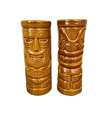 Totem Mug Tiki Farm Signed Danny G  & Squid 7'' Tall 2003 Brown Glaze Set 2