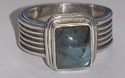 Gorgeous Fancy LABRADORITE Wide Band Ribbed Sterling Silver Ring Sz 8