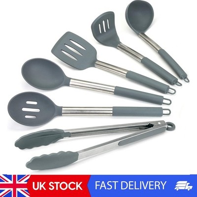 Silikon Küchenutensilien Set zum Kochen - Elegant Grau und Gebürsteter Edelstahl