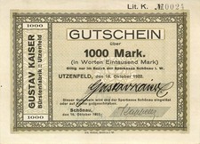 Utzenfeld Gustav Kaiser 1000 Mark 1922 fast Kfr. Lit. K KN 0024 !!! Rs. ung&uuml;ltig