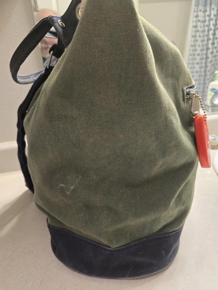 复古 NAUTICA 绿色蓝色重型帆布拉绳水手海员吊袋 — 第 3/4 张图片