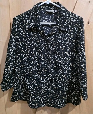 Croft&Barrow Size L BLK Floral Print Button Down Blouse 3/4  Sleeve